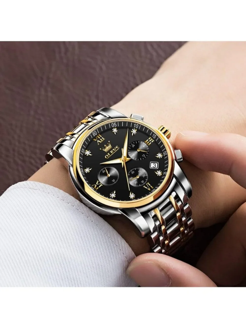 Men's Black Face/Two Tone Strap Stainless Steel Chronograph Waterproof  Watch
